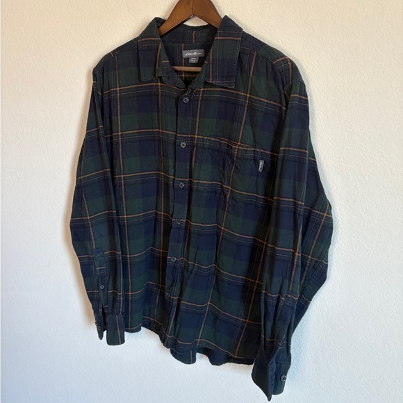 Eddie Bauer 100% Cotton Flannel Shirt - Navy, Green & Gold Plaid, Size XL - Picture 2 of 8